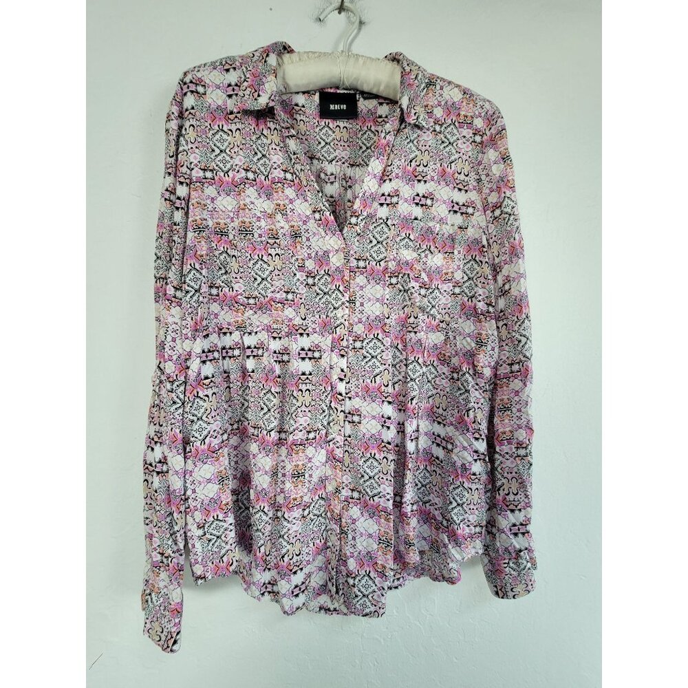 Maeve Womens Multicolor Boho Print Button Down Blouse Shirt Medium Long Sleeve